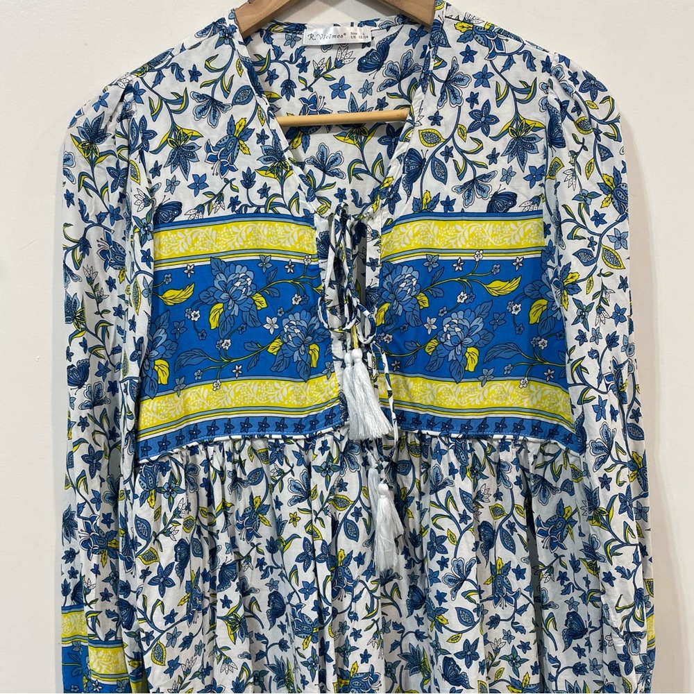 R. Vivimos Blue White Floral Boho Long Sleeve Summer beachy Midi Dress Size L - Picture 3 of 8